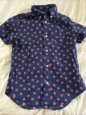 Crewcuts Navy Short-Sleeve Button-Down with Red & White Star Print